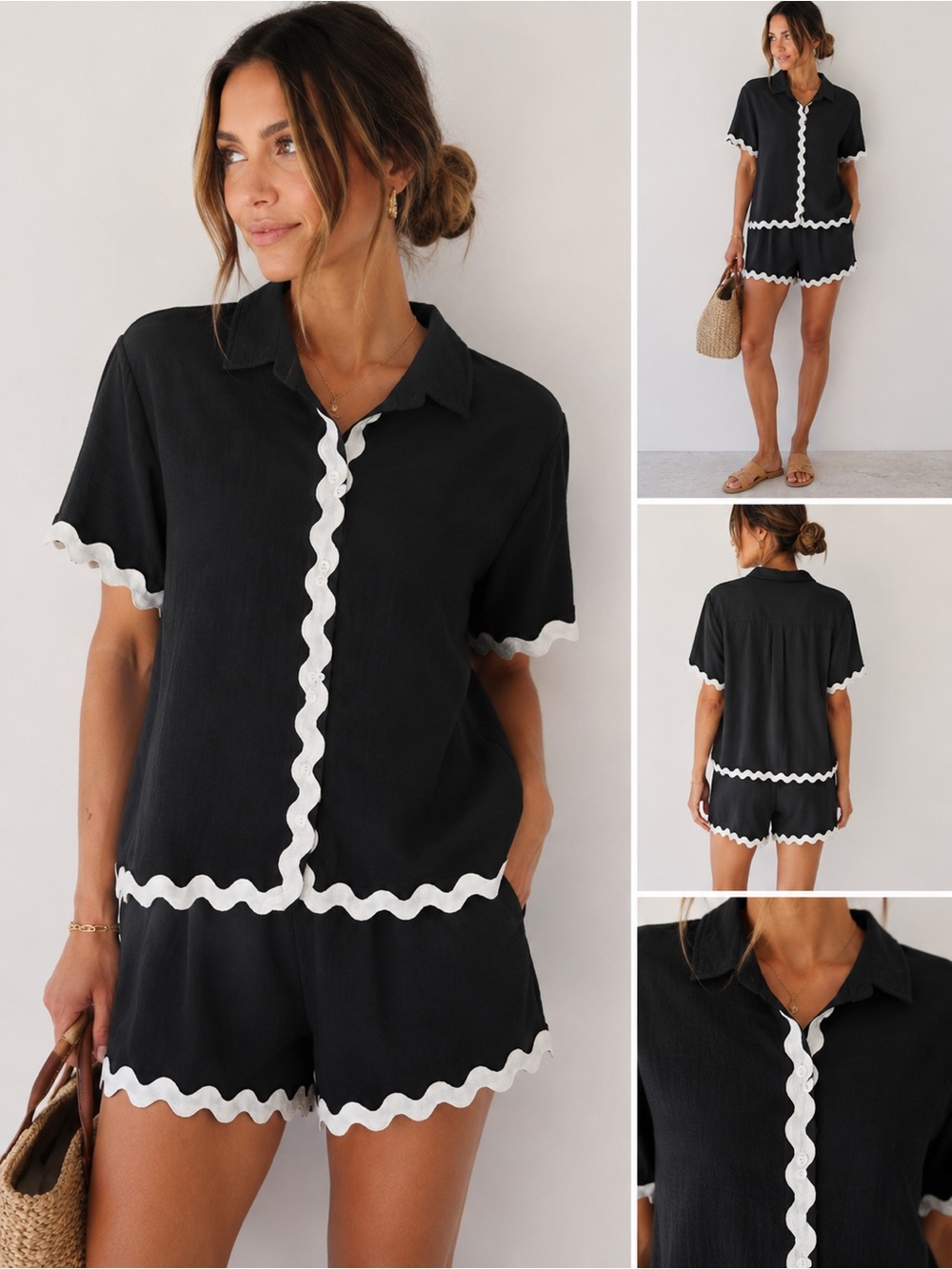 ZESICA Black Rickrack Trim Two-Piece Short Set Button-Up Top & Shorts | Size L